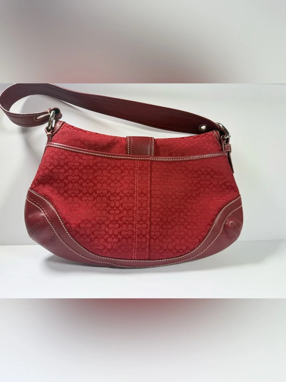 Y2K Coach Red Signature Canvas Shoulder Bag with Buckle Accent